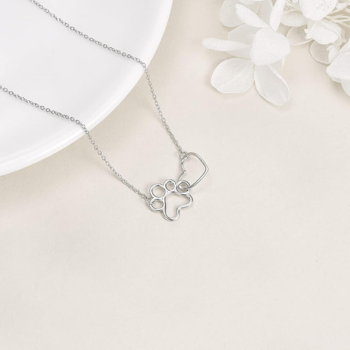 Sterling Silver Halsband med Tassavtryck – Hjärta Kristall Hängsmycke