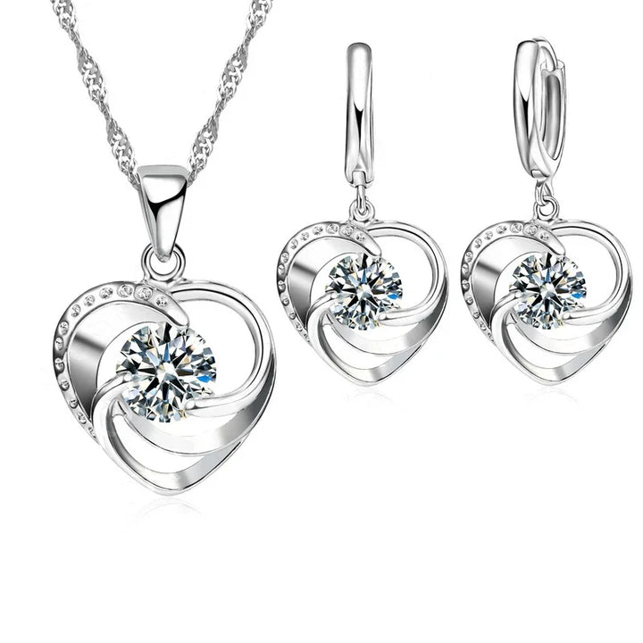 Sterling Silver Heart Necklace and Earrings Set