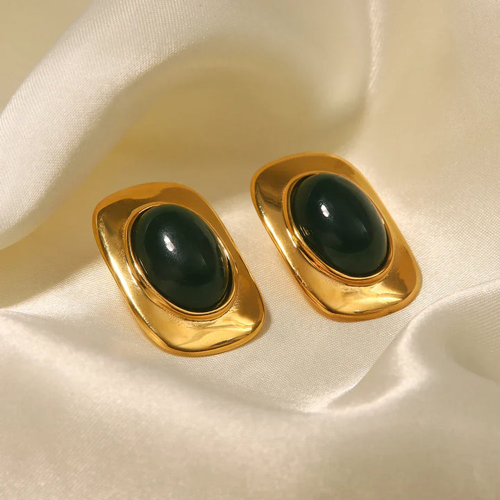 Vintage 18K Guldpläterade Ovala Örhängen med Gröna Opaler