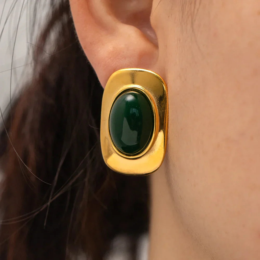 Vintage 18K Guldpläterade Ovala Örhängen med Gröna Opaler