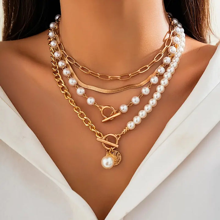 Retro Pärl- och Guldormkedja Halsband Set