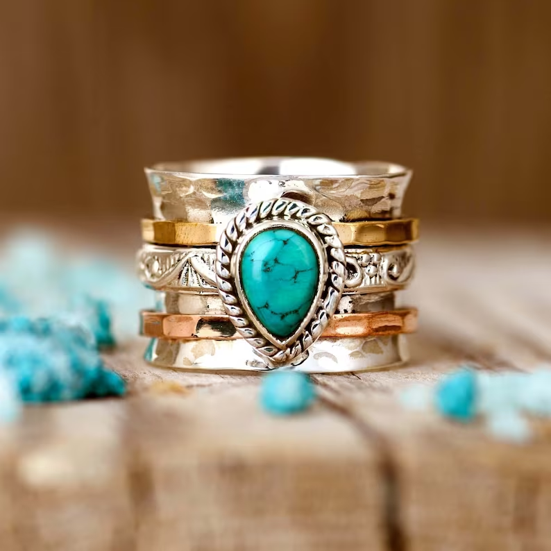Antik turkos inlagd guld- och silverring